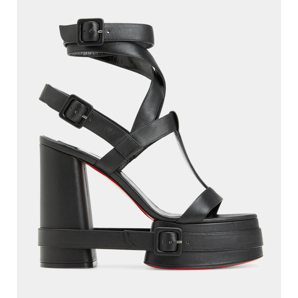 Christian Louboutin Yazefatt Strap 130 Black Platform Bloc Heel Sandal Pump 37.5 - Picture 1 of 12